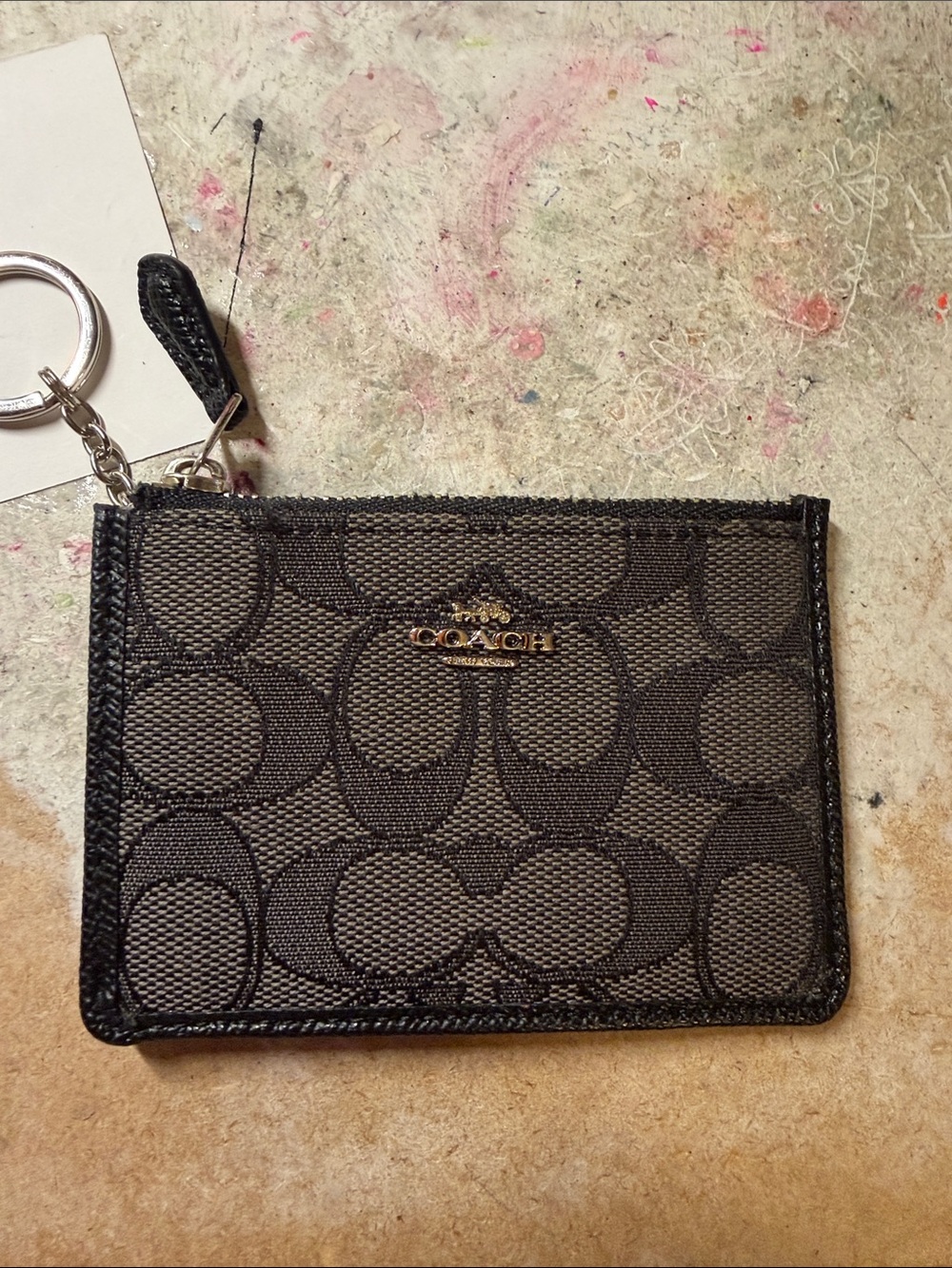 Coach Brown and Black Signature Card Case with Key Ring